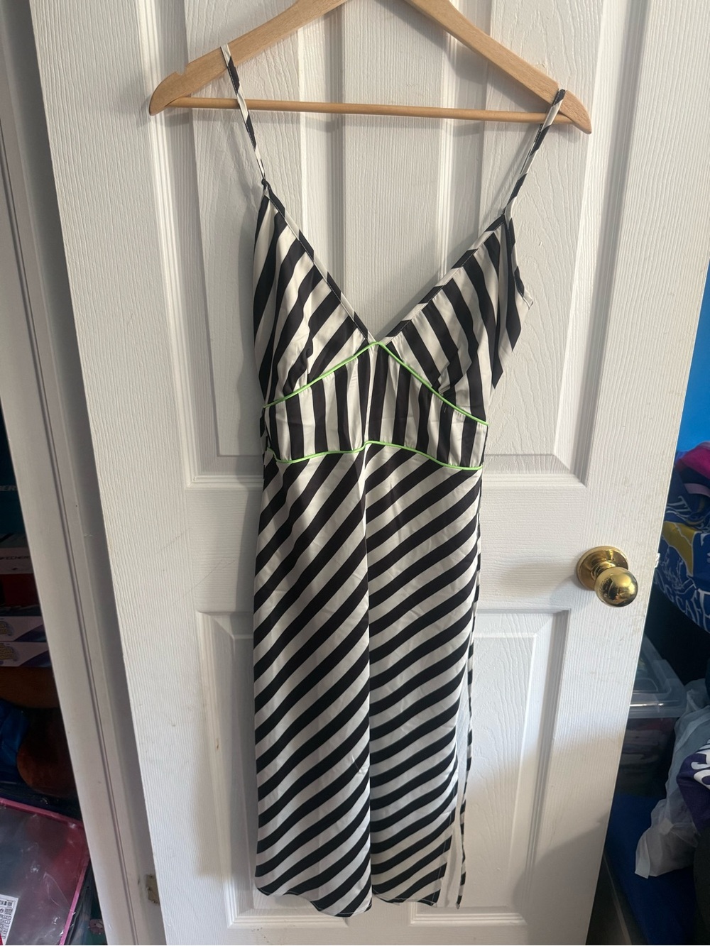 Striped Satin Chemise with Neon Green Trim